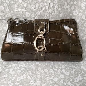 Croc Dark Olive Green Leather Clutch Purse